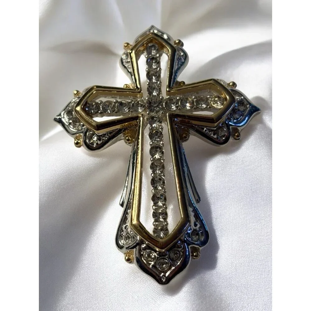 Napier Cross Brooch Pin Gold & Silver Tone Clear Rhinestones Open Work Religious